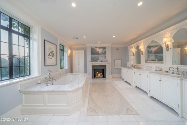 Bathroom, Dual Sink Vanities, Fireplace, Interior, Recessed Lighting
