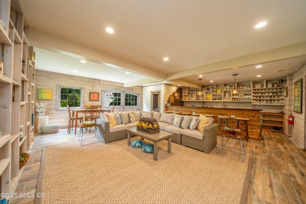 Dining room, Interior, Living room, Pendant Lights, Recessed Lighting, Wood Texture Flooring, Wooden Walls