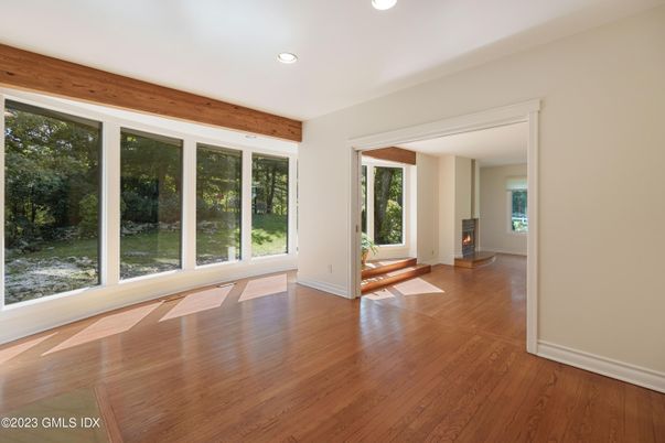 Empty room, Fireplace, Interior, Recessed Lighting, Wood Texture Flooring