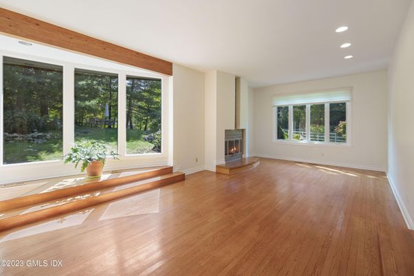 Empty room, Fireplace, Interior, Recessed Lighting, Wood Texture Flooring
