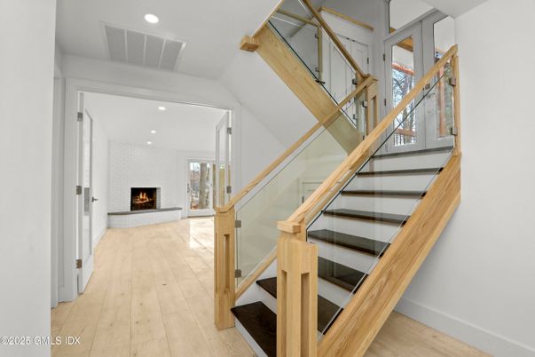Fireplace, Interior, Recessed Lighting, Wood Texture Flooring