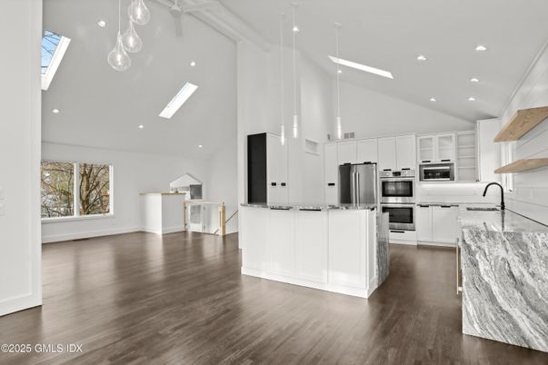 Interior, Kitchen, Pendant Lights, Recessed Lighting, Stainless Steel Appliances, Wood Texture Flooring