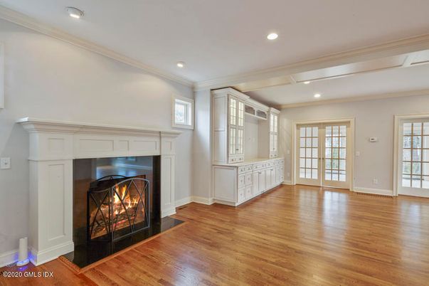 Empty room, Fireplace, Interior, Recessed Lighting, Wood Texture Flooring