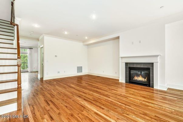 Empty room, Fireplace, Interior, Recessed Lighting, Wood Texture Flooring