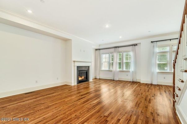 Empty room, Fireplace, Interior, Recessed Lighting, Wood Texture Flooring