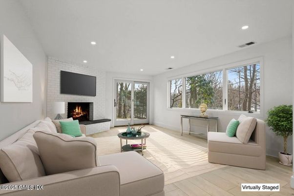 Fireplace, Interior, Living room, Recessed Lighting, Wood Texture Flooring