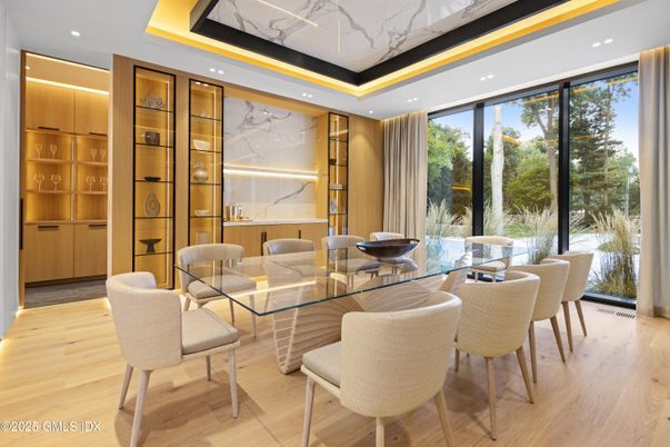 Dining room, Interior, Marble Walls, Recessed Lighting, Wood Texture Flooring