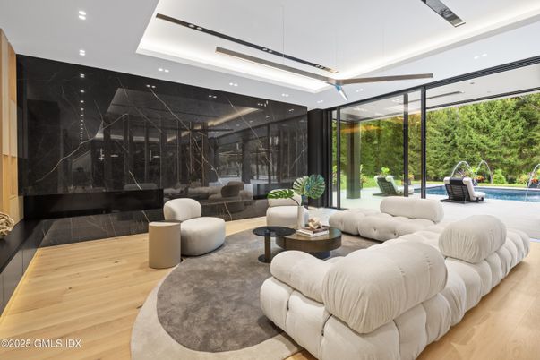 Interior, Living room, Marble Walls, Recessed Lighting, Wood Texture Flooring