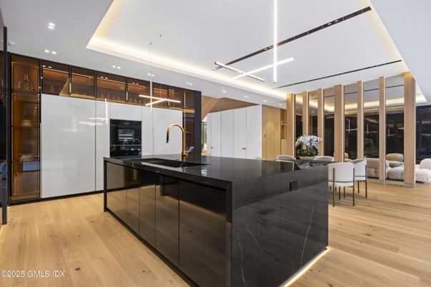 Dining room, Interior, Kitchen, Pendant Lights, Recessed Lighting, Wood Texture Flooring