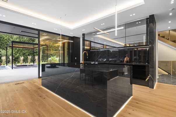 Interior, Kitchen, Marble, Marble Walls, Pendant Lights, Recessed Lighting, Wood Texture Flooring