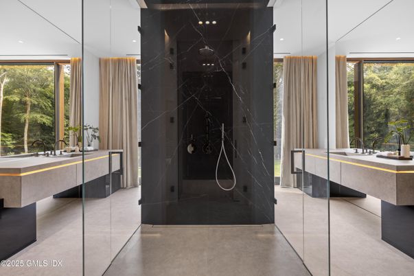 Bathroom, Glass Shower, Interior, Marble Walls, Recessed Lighting