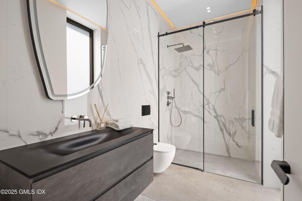 Bathroom, Glass Shower, Interior, Marble Walls, Recessed Lighting