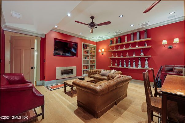 Fireplace, Interior, Living room, Recessed Lighting, Wood Texture Flooring