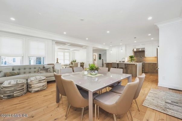 Dining room, Interior, Kitchen, Living room, Recessed Lighting, Wood Texture Flooring