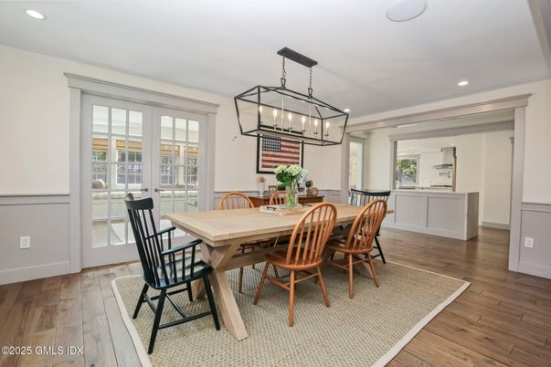 Dining room, Interior, Pendant Lights, Recessed Lighting, Wood Texture Flooring