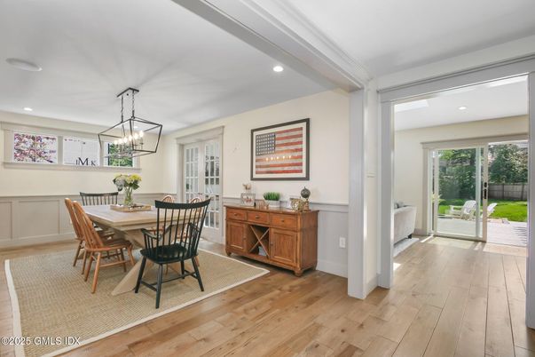 Dining room, Interior, Pendant Lights, Recessed Lighting, Wood Texture Flooring