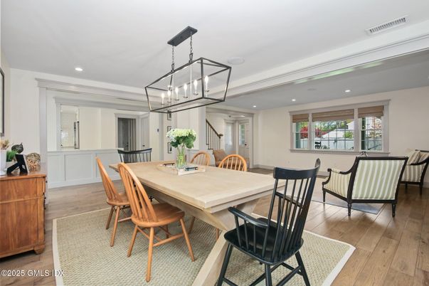 Dining room, Interior, Pendant Lights, Recessed Lighting, Wood Texture Flooring