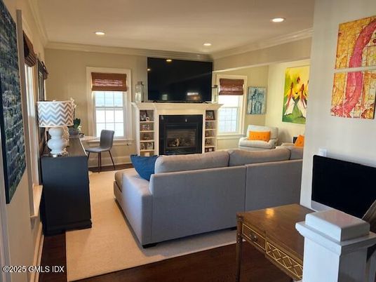 Fireplace, Interior, Living room, Recessed Lighting, Wood Texture Flooring