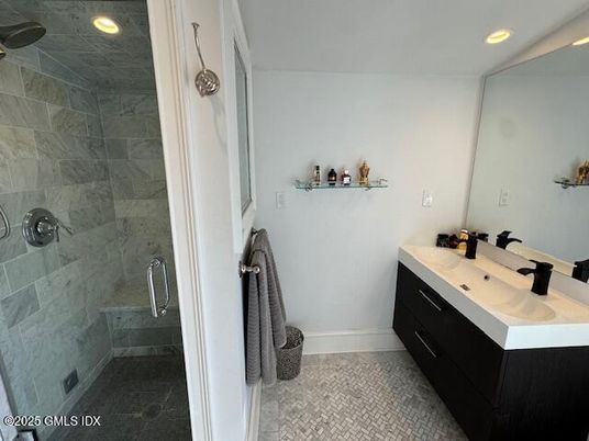 Bathroom, Glass Shower, Interior, Marble Walls, Recessed Lighting