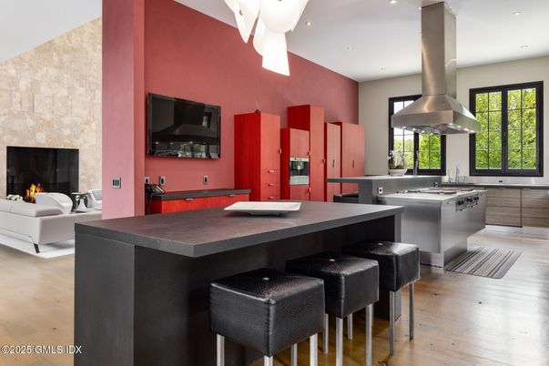 Fireplace, Interior, Kitchen, Living room, Recessed Lighting, Stainless Steel Appliances, Wood Texture Flooring