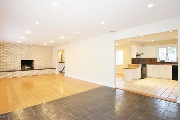 Fireplace, Interior, Kitchen, Recessed Lighting, Wood Texture Flooring