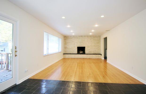 Empty room, Fireplace, Interior, Recessed Lighting, Wood Texture Flooring