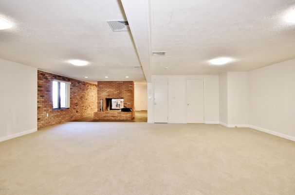 Empty room, Fireplace, Interior, Recessed Lighting, Stone Walls