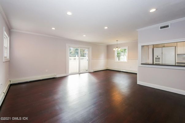 Chandelier, Empty room, Interior, Kitchen, Recessed Lighting, Wood Texture Flooring