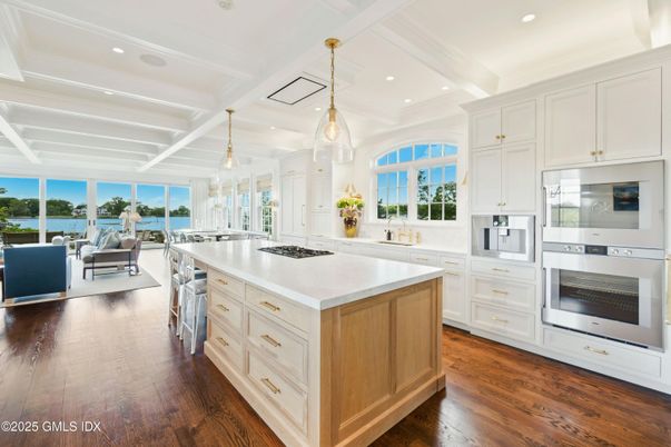 Interior, Kitchen, Living room, Pendant Lights, Recessed Lighting, Stainless Steel Appliances, Water, Wood Texture Flooring