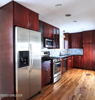 Interior, Kitchen, Recessed Lighting, Stainless Steel Appliances, Wood Texture Flooring