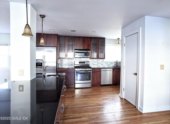 Interior, Kitchen, Pendant Lights, Recessed Lighting, Stainless Steel Appliances, Wood Texture Flooring