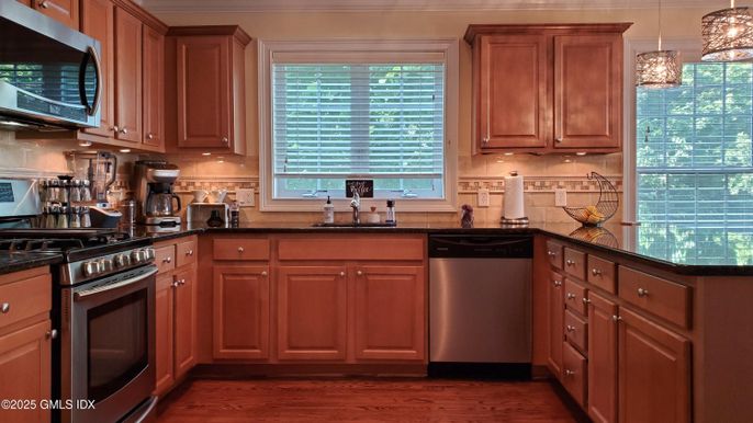 Interior, Kitchen, Pendant Lights, Stainless Steel Appliances, Wood Texture Flooring