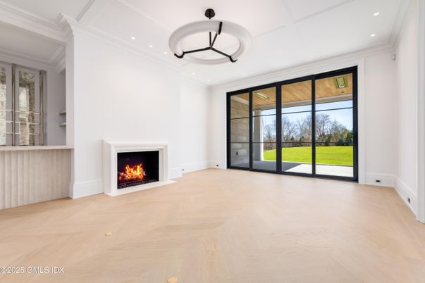Empty room, Fireplace, Interior, Pendant Lights, Recessed Lighting, Wood Texture Flooring