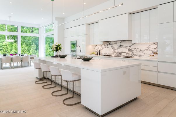 Interior, Kitchen, Marble Walls, Pendant Lights, Recessed Lighting, Wood Texture Flooring