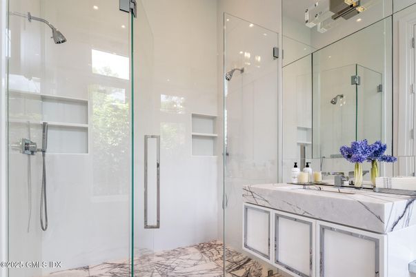 Bathroom, Glass Shower, Interior, Marble, Recessed Lighting