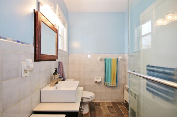 Bathroom, Glass Shower, Interior, Wood Texture Flooring