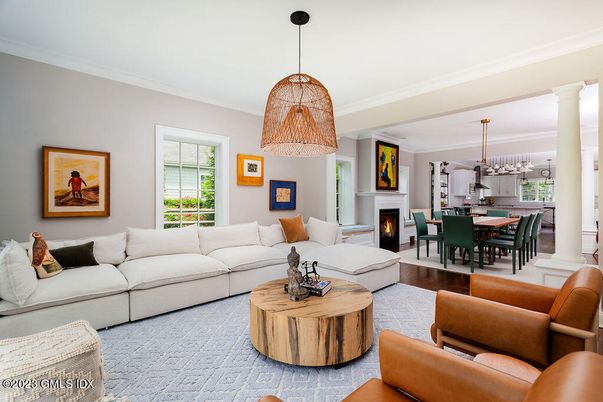 Dining room, Fireplace, Interior, Living room, Pendant Lights