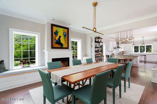 Dining room, Fireplace, Interior, Kitchen, Pendant Lights, Wood Texture Flooring