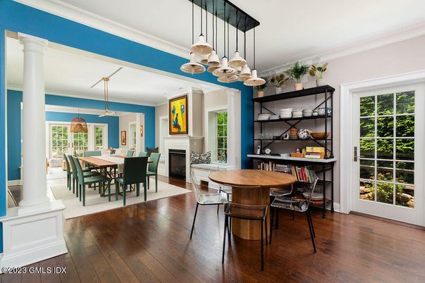 Dining room, Fireplace, Interior, Pendant Lights, Wood Texture Flooring