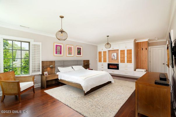 Bedroom, Fireplace, Interior, Pendant Lights, Wood Texture Flooring