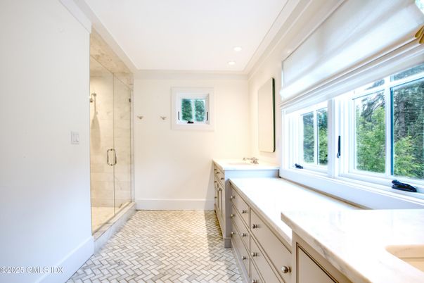 Bathroom, Dual Sink Vanities, Glass Shower, Interior, Recessed Lighting