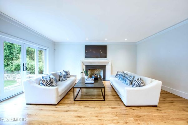 Fireplace, Interior, Living room, Recessed Lighting, Wood Texture Flooring