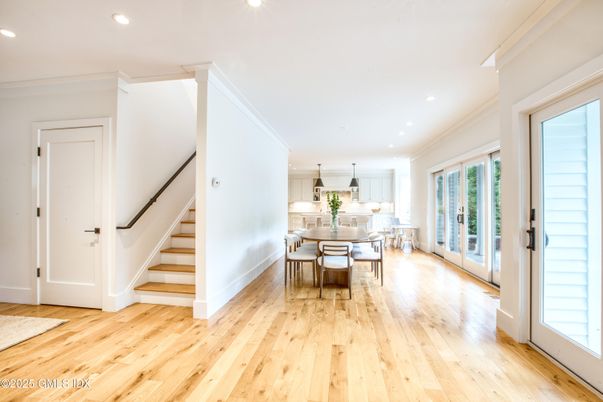 Dining room, Interior, Pendant Lights, Recessed Lighting, Wood Texture Flooring