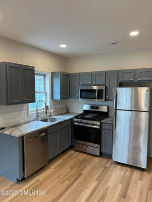 Interior, Kitchen, Recessed Lighting, Stainless Steel Appliances, Wood Texture Flooring