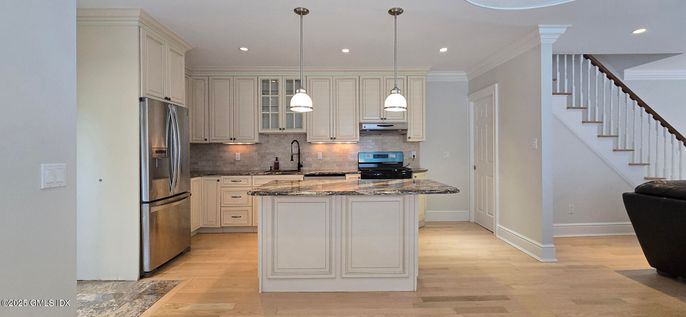 Interior, Kitchen, Pendant Lights, Recessed Lighting, Stainless Steel Appliances, Wood Texture Flooring