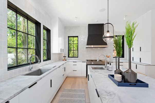 Interior, Kitchen, Pendant Lights, Stainless Steel Appliances, Wood Texture Flooring