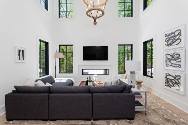 Chandelier, Fireplace, Interior, Living room
