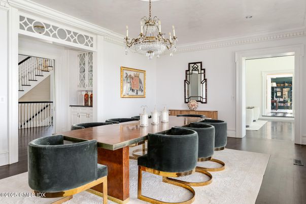 Chandelier, Dining room, Interior, Recessed Lighting, Wood Texture Flooring