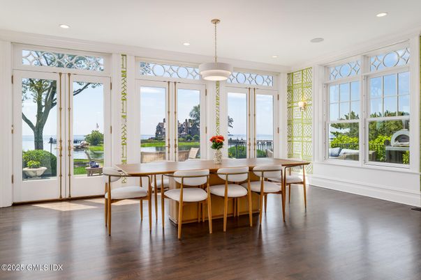 Dining room, Interior, Pendant Lights, Recessed Lighting, Water, Wood Texture Flooring