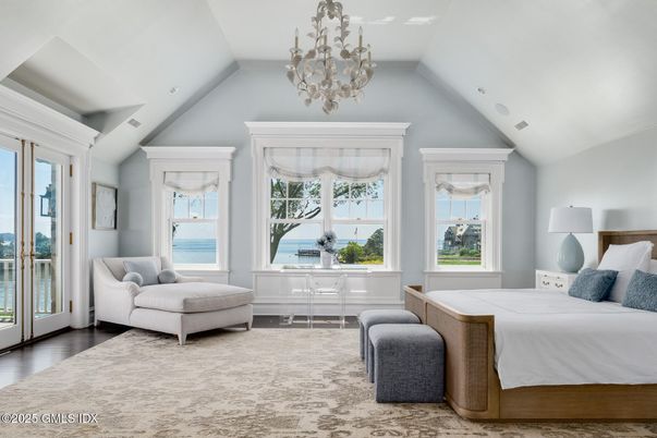 Bedroom, Chandelier, Interior, Recessed Lighting, Water, Wood Texture Flooring